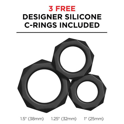 Three free designer silicone C-rings in different sizes, included with the Male Masturbator Moto Bator X.