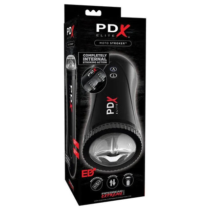 Packaging of the Male Masturbator Mouth Moto Stroker by Pipedream PDX Elite showcasing its features and design.