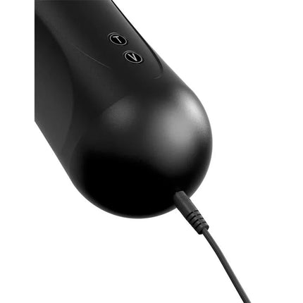 Close-up of Male Masturbator Mouth Moto Stroker showing control buttons and charging cord.