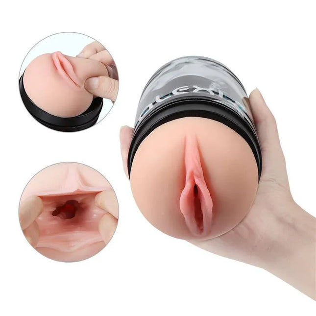 Male Masturbator Vagina Nick with realistic vagina-shaped opening, TPR texture, and discreet can for storage.
