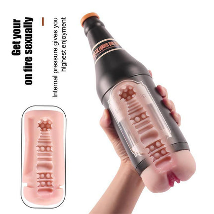 Male Masturbator Vagina Sonya Beer Bottle in hand showing discreet beer bottle design with lifelike interior sleeve for privacy and pleasure.