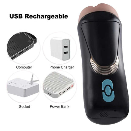 Male Masturbator Vagina with Moans Lauren, USB rechargeable, compatible with computer, phone charger, socket, and power bank.