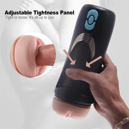 Male Masturbator Vagina with Moans Lauren featuring adjustable tightness panel and lifelike design held in hand.