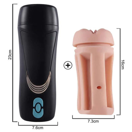 Male Masturbator Vagina with Moans Lauren shown with dimensions and discreet storage design.