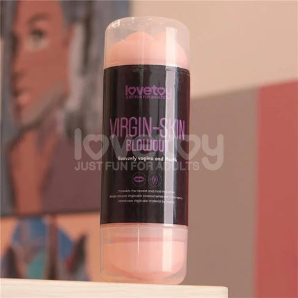 Male Masturbator Virgin-skin Vagina and Mounth dual-entry stroker with realistic textures for enhanced pleasure on a shelf