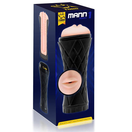 Mann1 Realistic Male Masturbator Mouth Shape packaging box displaying product and features.