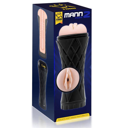 Mann2 Realistic Male Masturbator Vagina Shaped in box with textured tunnel and lifelike design for enhanced stimulation.
