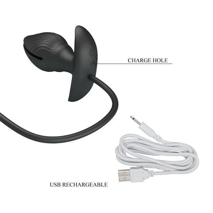 Manson Inflatable Butt Plug with Vibration showing charge hole and USB recharge functionality.