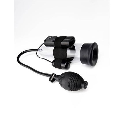 Manual Penis Pump with Vibration showing transparent PVC cylinder and vibrating bullet attachment for enhanced performance.