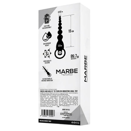 Packaging of Marbe Anal Chain with Vibration USB Silicone, illustrating features like waterproof, rechargeable, and high-quality silicone.