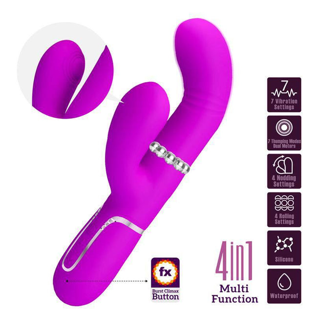 Mariana Vibrator 4 in 1 Silicone Fuchsia, rabbit-shaped, waterproof, 7 settings, versatile personal massager in vibrant fuchsia color.