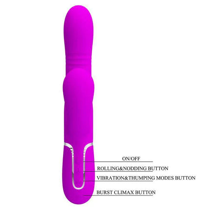 Mariana Vibrator 4 in 1 Silicone Fuchsia, rabbit-shaped design in vibrant color with control buttons for varied pleasure modes.
