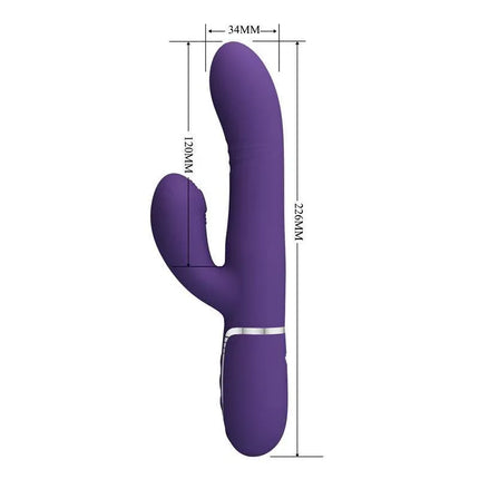 Mariana Vibrator 4 in 1 Silicone Purple, bunny-style vibrator with measurements for internal and external stimulation.