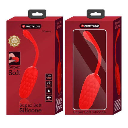 Marina Vibrating Egg Red in package with silicone texture and discreet design, featuring 12 vibration functions for enhanced pleasure.