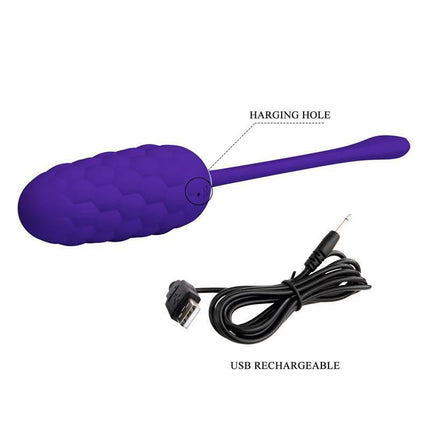 Marina Vibrating Egg Violet with USB cable, silicone exterior, and charging hole, ideal for bath or bed pleasure.