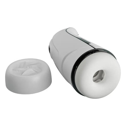 Marissa Male Masturbator Vibration, Heating, Sex Talk and Licking device with cap off, showcasing its sleek, modern design.