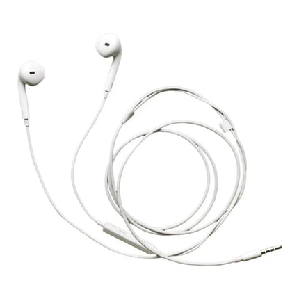 White wired earbuds with 3.5mm jack, tangle-free cord design.