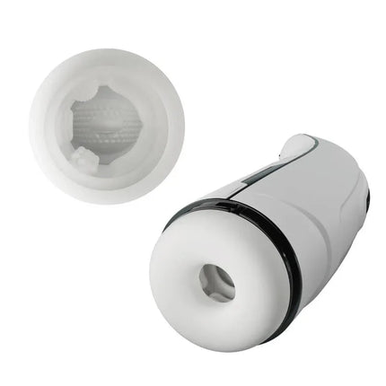 Marissa Male Masturbator Vibration, Heating, Sex Talk and Licking, showing dual view of device exterior and textured interior.