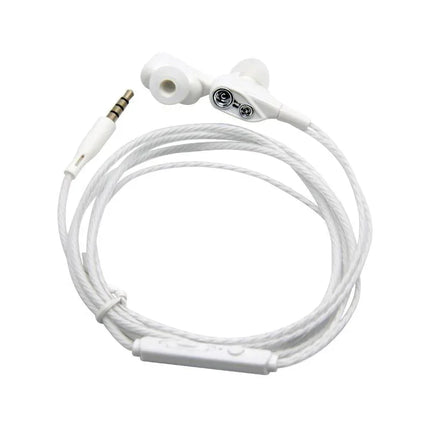White wired earphones with sleek design and integrated mic.