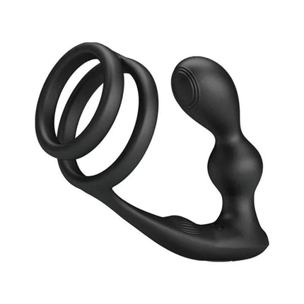 Marshall Anal Plug with Vibration and Cock and Ball Ring dual-action stimulator in black, ergonomic design for versatile use.