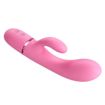 Marski Vibrator with Rabbit G Spot Pink dual-stimulation silicone vibrator with curved G-spot head and clitoral tickler.