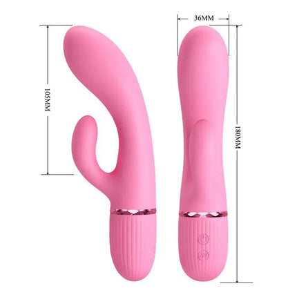 Marski Vibrator with Rabbit G Spot Pink silicone dual-stimulation vibrator with measurements, showcasing its design and features.