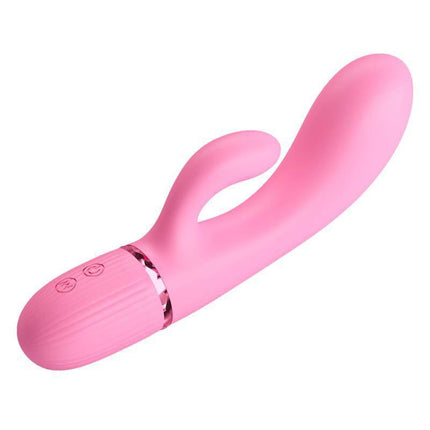 Marski Vibrator with Rabbit G Spot Pink, 10-function silicone dual-stimulation vibrator with curved silhouette and clitoral tickler.