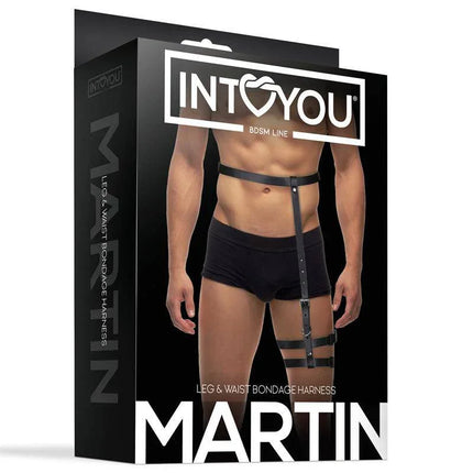 Martin Leg and Waist Bondage Harness packaging featuring a model wearing the harness from Intoyou BDSM Line.