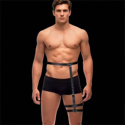 Man wearing Martin Leg and Waist Bondage Harness with one-leg design and adjustable straps for personalized fit.