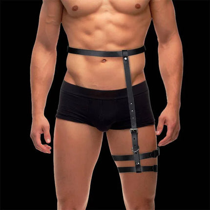 Model wearing the Martin Leg and Waist Bondage Harness with black straps and adjustable thigh features for secure fit.