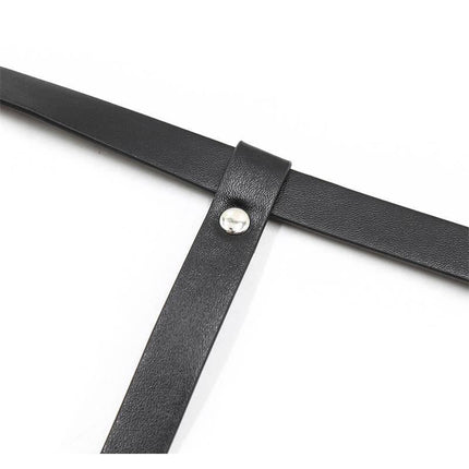 Close-up of Martin Leg and Waist Bondage Harness in black leather with metal detail.
