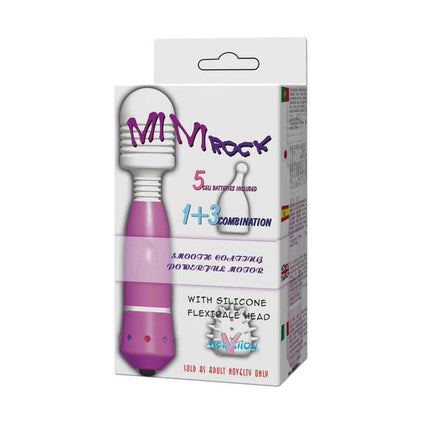 Packaging of Masager and 3 Heads Pack Mini Rock with silicone heads and vibration settings.