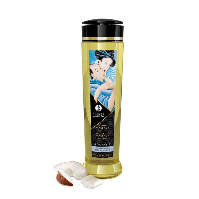 Masagge Oil Adorable 240 ml bottle with coconut slices, inspired by Japanese erotic art, fragrance-enhanced, non-mineral or animal ingredients.