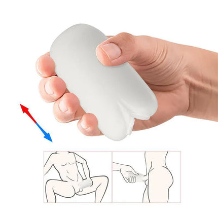 Hand holding Masha Masturbator Egg Double Texture Whit with diagram illustrations of use.