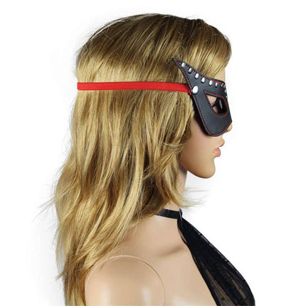 Sleek faux leather Mask Adjustable in black/red with elastic band, perfect for role play or dress up, highlighting elegance and comfort.
