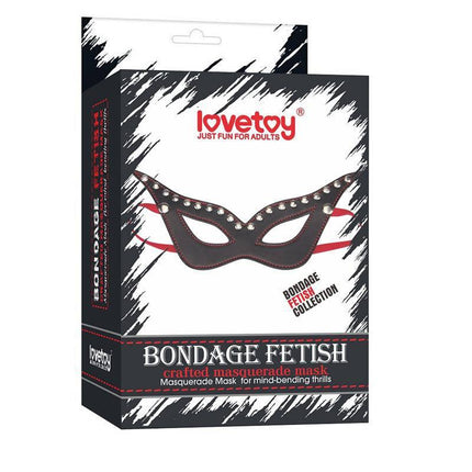 Mask Adjustable in packaging, sleek faux leather design for role play. Features comfortable elastic band. Color: Black/Red.