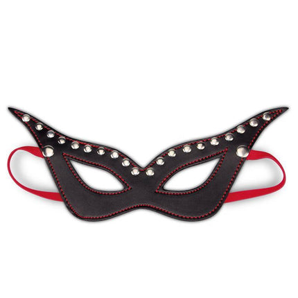 Mask Adjustable sleek faux leather mask with studs, black and red design, perfect for role play, dress up, or bold nights, flexible fit.