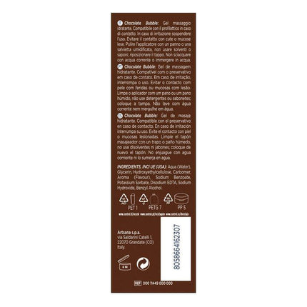 Massage Gel Bubble Chocolate 200 ml ingredients list and label on brown background