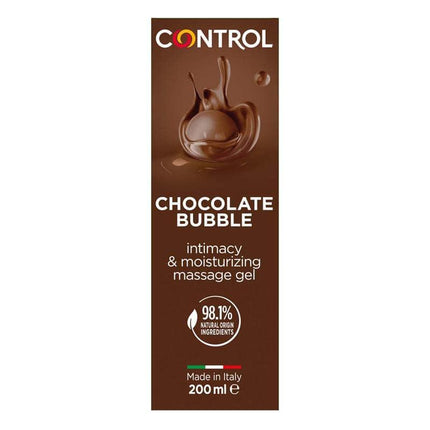 Massage Gel Bubble Chocolate 200 ml packaging with chocolate splash design, intimacy and moisturizing features, 200 ml size.