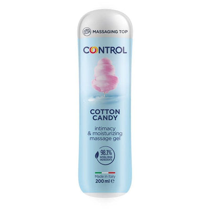 Massage Gel Cotton Candy 200 ml bottle with cotton candy image, moisturizing massage gel for intimacy, 200 ml packaging.