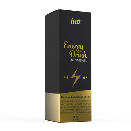 Massage Gel Energy Drink 30 ml box with energy drink flavor and warming effect, ideal for sensual massages and intimate moments.