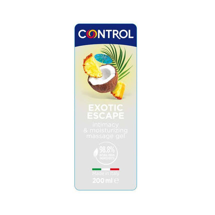 Massage Gel Exotic Escape 200 ml packaging featuring tropical fruit design and made in Italy label.