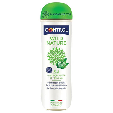 Bottle of Massage Gel Wild Nature 200 ml, 3-in-1 hypoallergenic, water-based gel for massage, stimulation, and condom compatibility.
