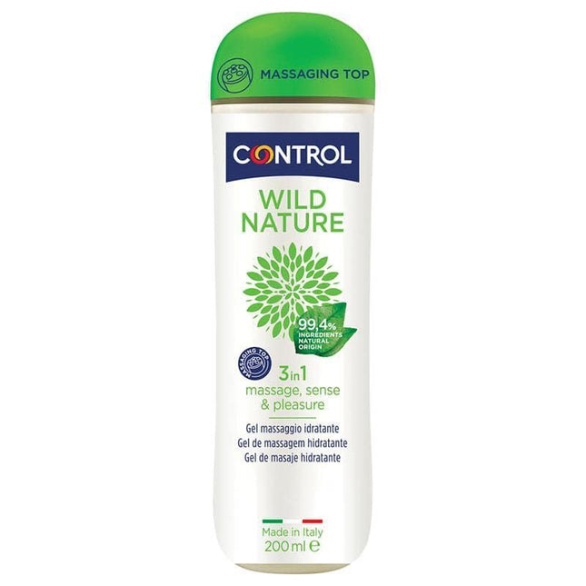 Bottle of Massage Gel Wild Nature 200 ml, 3-in-1 hypoallergenic, water-based gel for massage, stimulation, and condom compatibility.