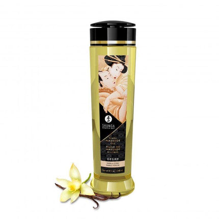 Massage Oil Desire 240 ml bottle with vanilla flowers, inspired by Japanese erotic art, offering nourishing, luxurious massage experience.