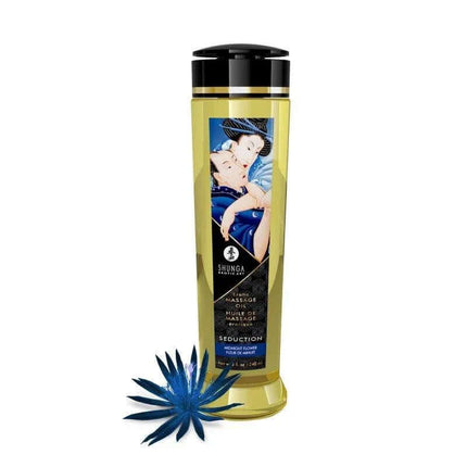Massage Oil Seduction 240 ml bottle with midnight flower aroma and Japanese art design.