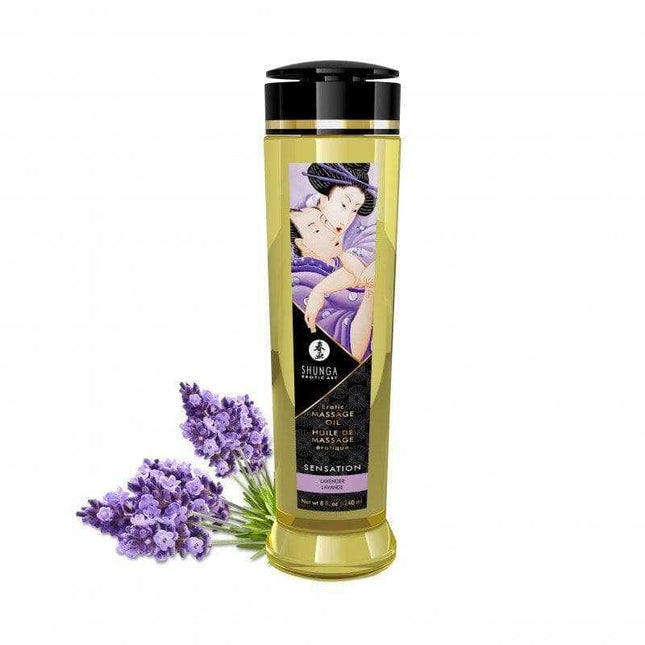 Massage Oil Sensation 240 ml with lavender, inspired by Japanese art, 100% natural oils, enhancing massage experience.