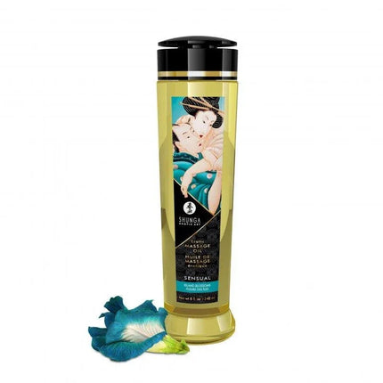 Massage Oil Sensual 240 ml bottle with artistic label and flower, inspired by Japanese erotic art.