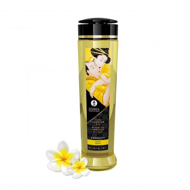 Bottle of Massage Oil Serenity 240 ml inspired by Japanese art, with yellow flowers, offers luxurious natural skincare and sensation enhancement.