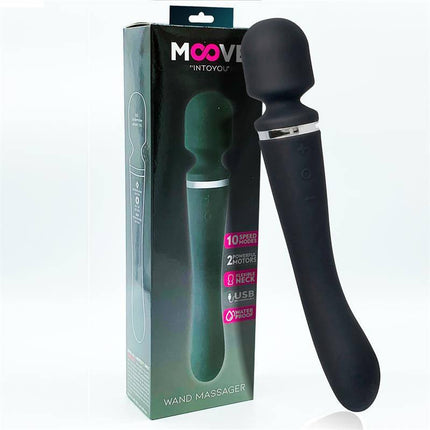 Massage Wand with 2 Motors Silicone Black in packaging and close-up view of massager